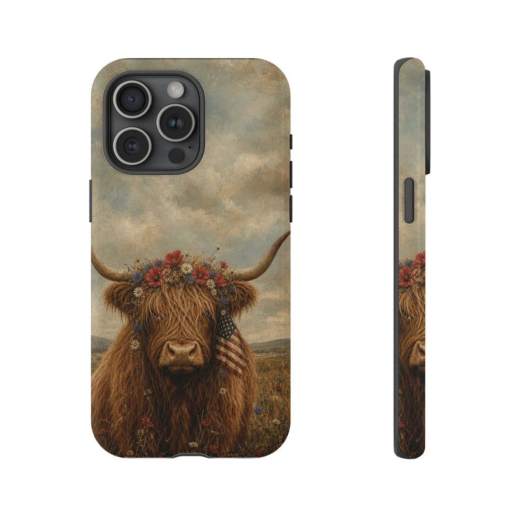 Patriotic Highland Cow iPhone Case | Vintage American Flag & Floral Crown | Dual-Layer Tough Protective Cover | Aesthetic Far