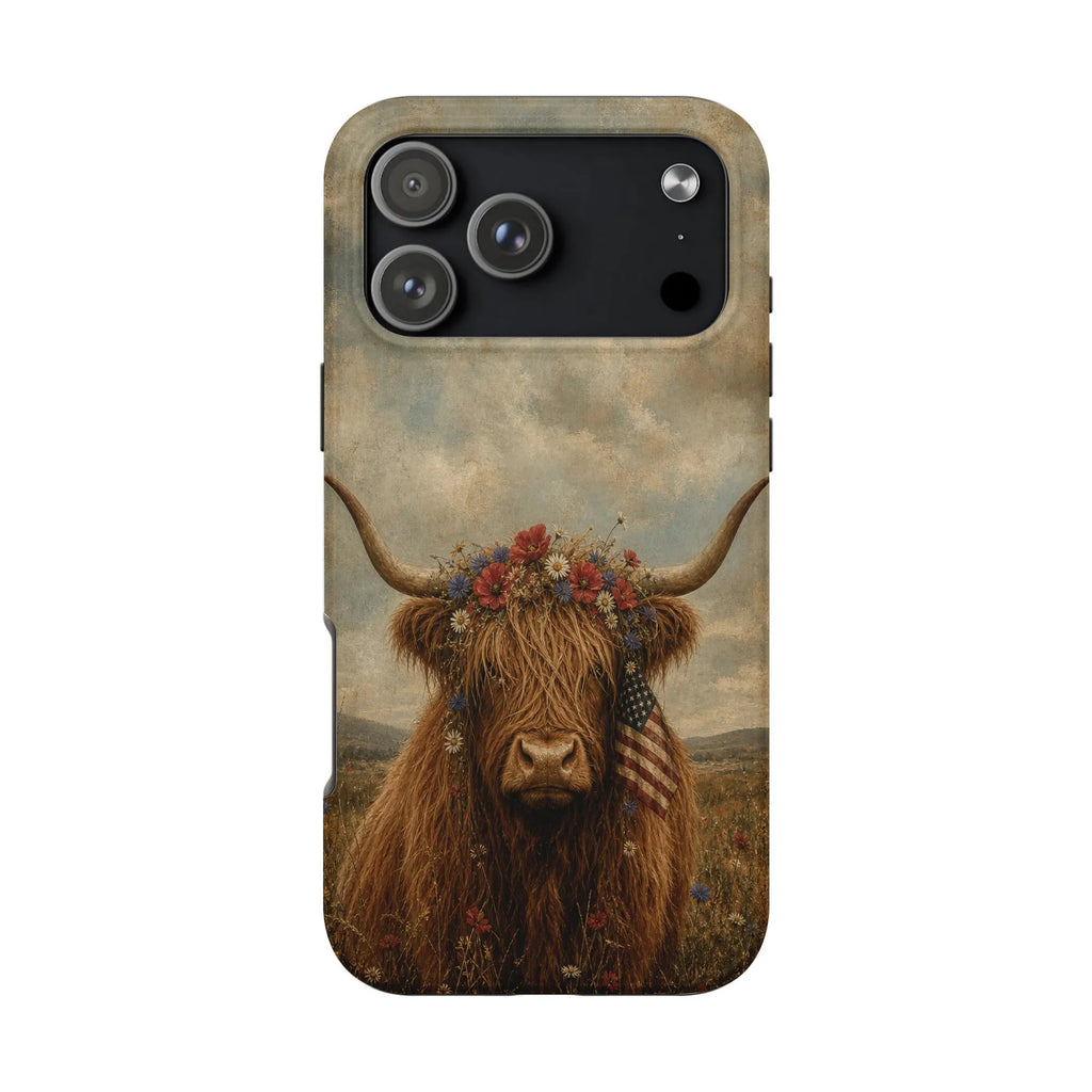 Patriotic Highland Cow iPhone Case | Vintage American Flag & Floral Crown | Dual-Layer Tough Protective Cover | Aesthetic Far