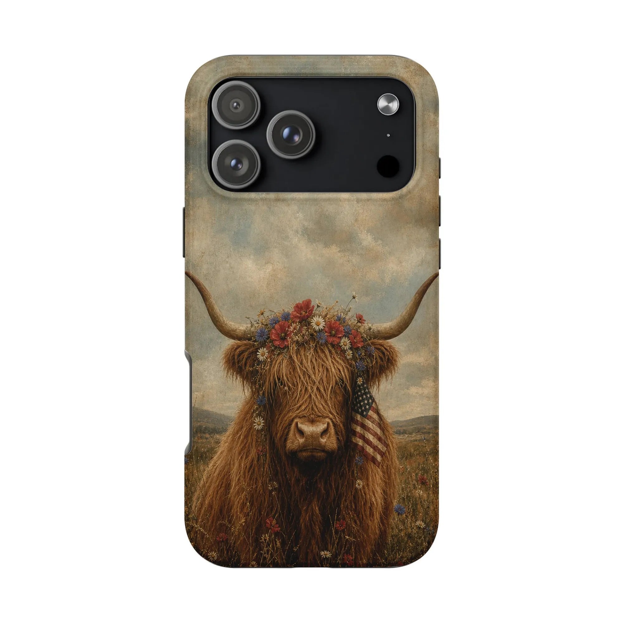 Patriotic Highland Cow iPhone Case | Vintage American Flag & Floral Crown | Dual-Layer Tough Protective Cover | Aesthetic Far