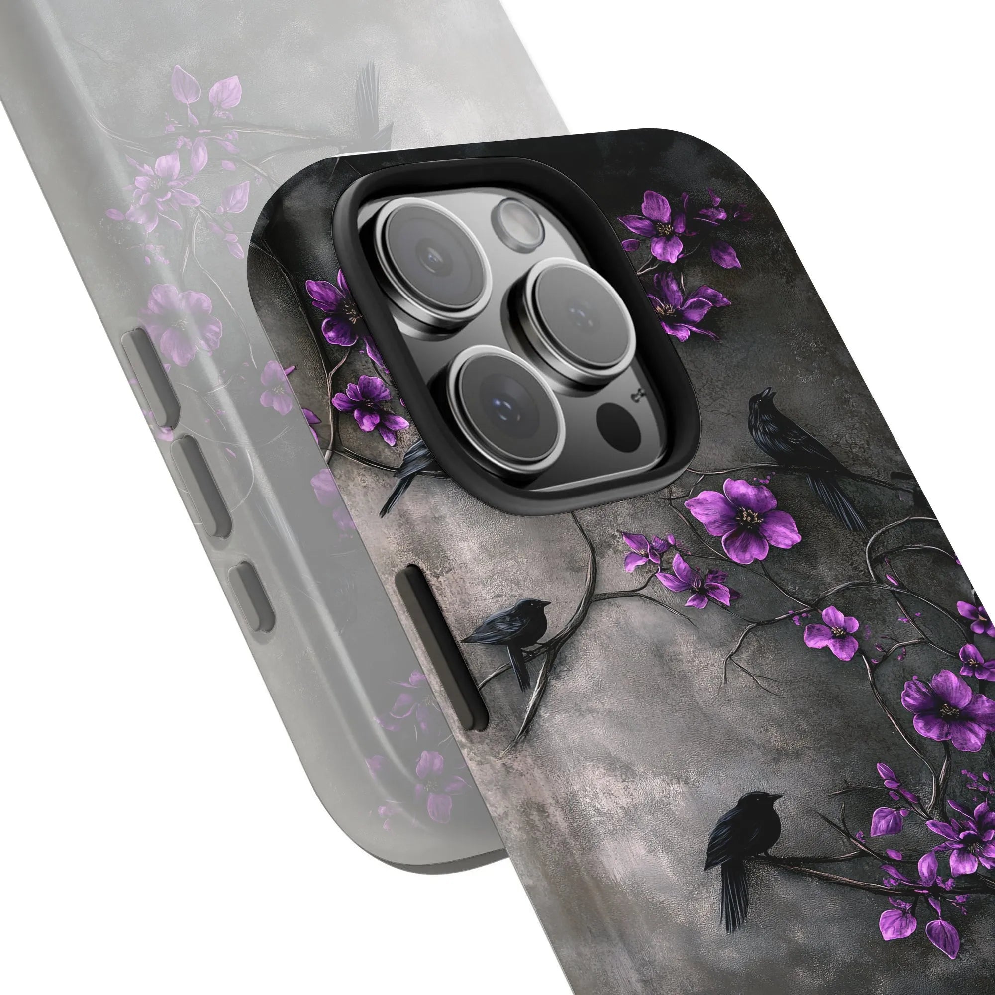 Gothic Raven Phone Case | Dark Botanical Crow & Purple Flower Art | Dual-Layer Tough Case | For iPhone 15 14 13 Pro Max, Uniq