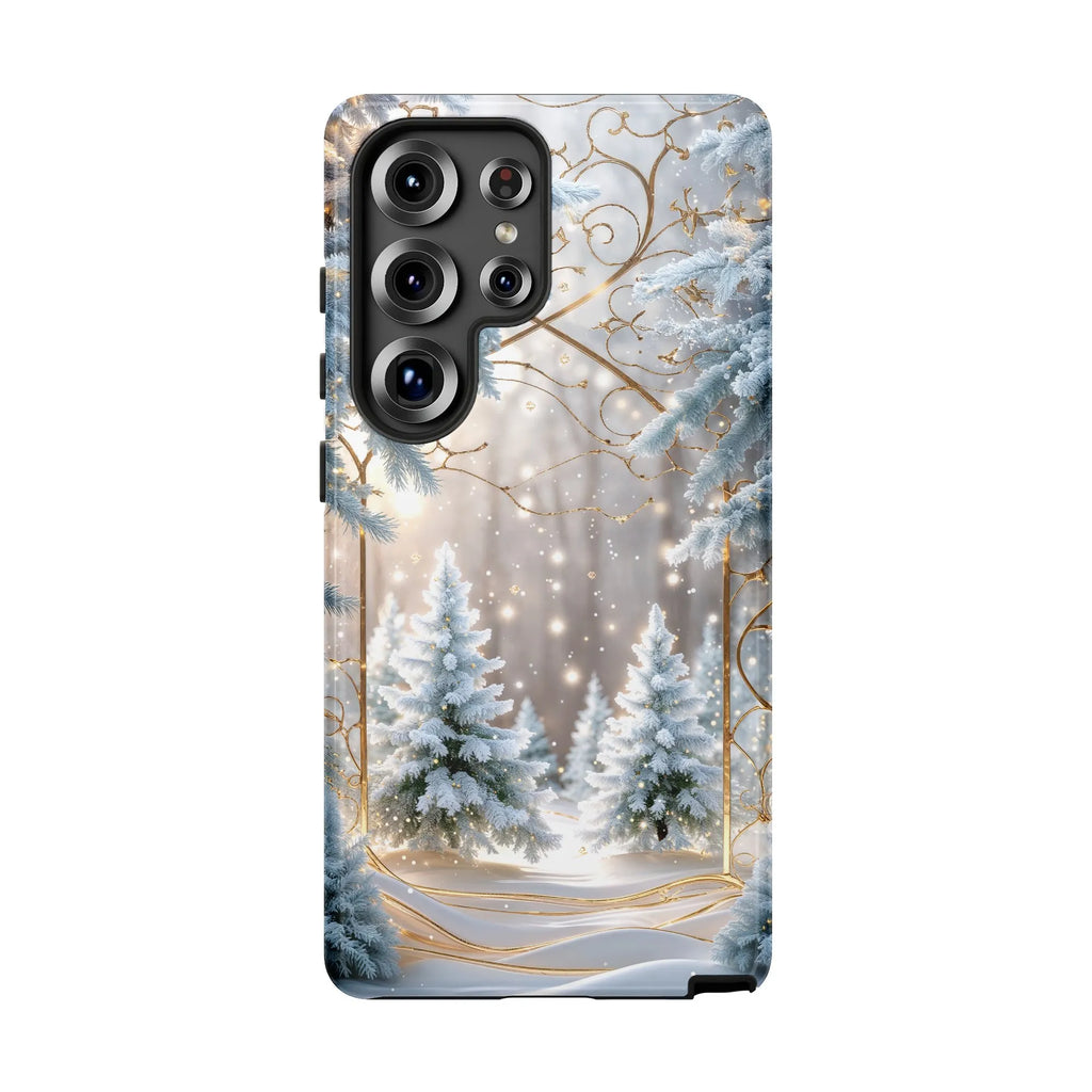 Winter Wonderland iPhone Case | Magical Snowy Forest with Gold Swirl | Dual-Layer Tough Cover | Premium Christmas & Holiday G