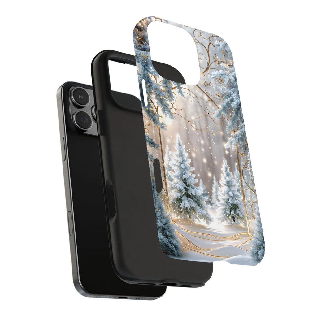 Winter Wonderland iPhone Case | Magical Snowy Forest with Gold Swirl | Dual-Layer Tough Cover | Premium Christmas & Holiday G