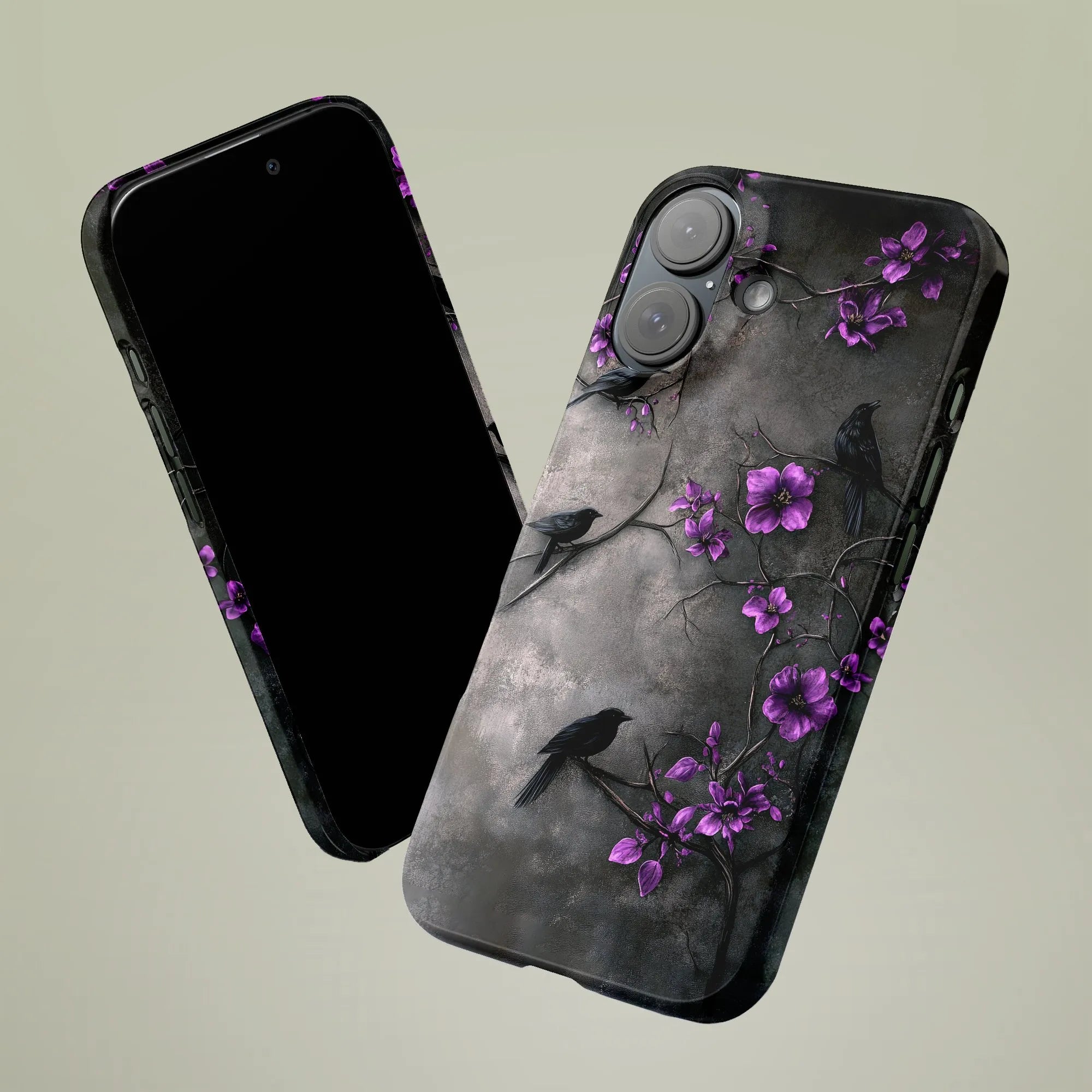 Gothic Raven Phone Case | Dark Botanical Crow & Purple Flower Art | Dual-Layer Tough Case | For iPhone 15 14 13 Pro Max, Uniq