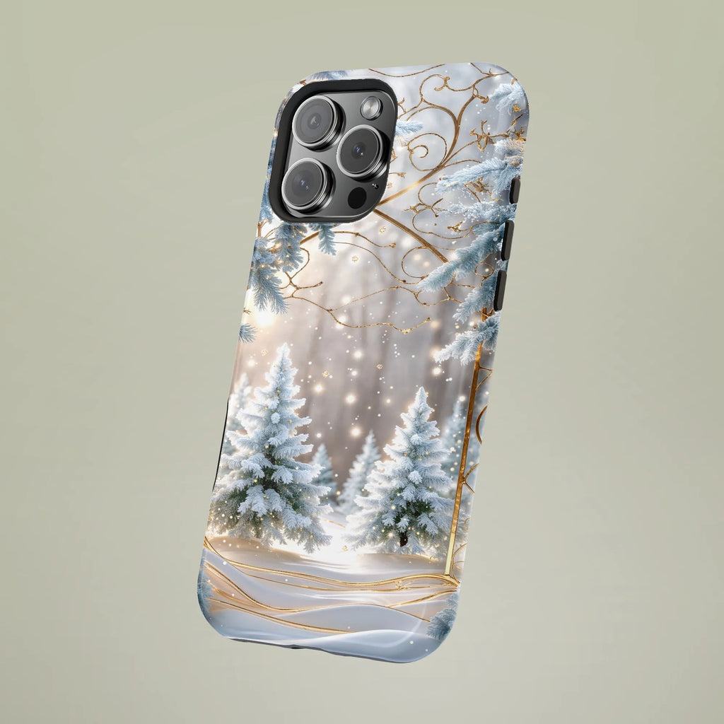 Winter Wonderland iPhone Case | Magical Snowy Forest with Gold Swirl | Dual-Layer Tough Cover | Premium Christmas & Holiday G
