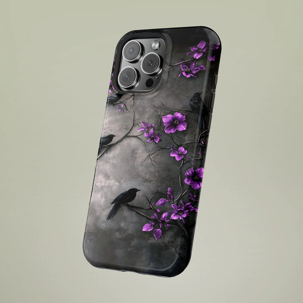 Gothic Raven Phone Case | Dark Botanical Crow & Purple Flower Art | Dual-Layer Tough Case | For iPhone 15 14 13 Pro Max, Uniq
