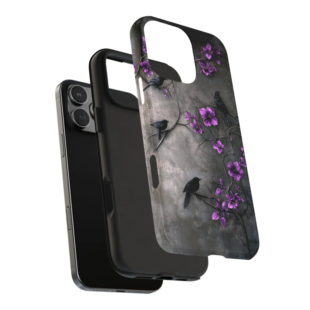 Gothic Raven Phone Case | Dark Botanical Crow & Purple Flower Art | Dual-Layer Tough Case | For iPhone 15 14 13 Pro Max, Uniq